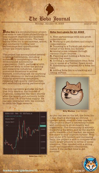 #bobainu @inu_boba   880k mc 1m total supply %35.6 burned  All in circulation  %2 $doge rewards  Dogecoin founder Billy Markus is an active holder Deflationary tokenomics  Legit non-profit organization #DOGE #Binance #Bitcoin  The best meme token