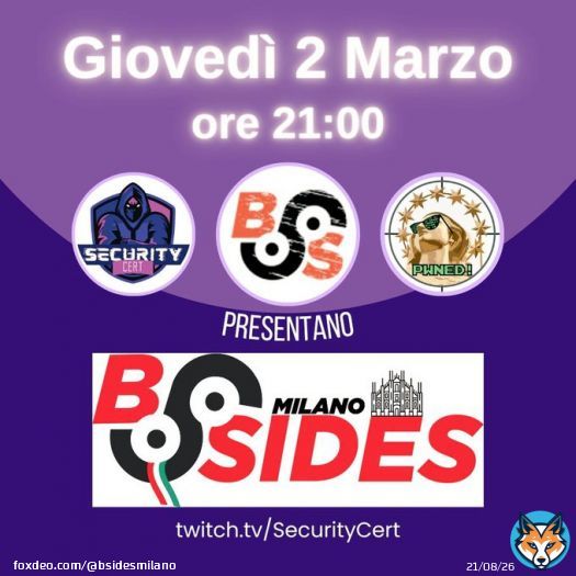 @SaveTheDate March 2nd, 2021 21.00 CET @BSidesItalia @SecurityCertIT and @R00tMi will be live and present the #BsidesMilano2023 event! We will share some thoughts and some news! We also have a small session titled #meetthetrainer in which we'll sharee some details on the trainings
