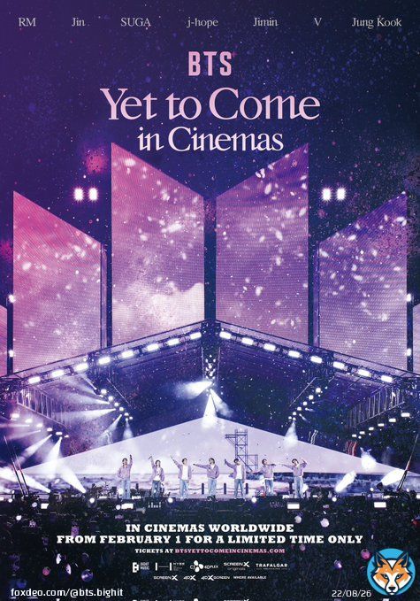 <BTS: Yet To Come in Cinemas> Cinematic cuts only in ScreenX, 4DX and big screens     Release at 1st, Feb, 2023   Ticket opens at 11st, Jan, 2023  Info at     #YetToComeInCinemas