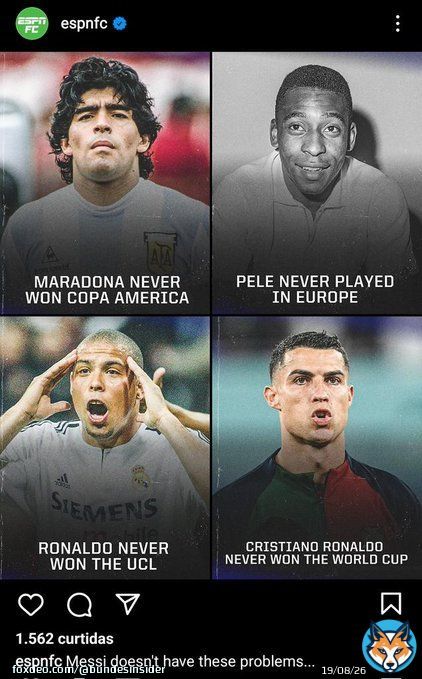 Para exaltar o Messi, a ESPN falou que o Pel&eacute; nunca ter jogado na Europa foi 'um problema'.  Naquela &eacute;poca o futebol europeu n&atilde;o estava NEM UM POUCO acima do sul americano. A CONMEBOL ganhou 5 das 9 primeiras copas sem ter NENHUMUM jogador atuando na Europa.  Ai o Eurocentrismo...