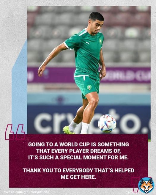 Morocco face Croatia in their World Cup opener today    Good luck Anass, the Clarets are all cheering you on!