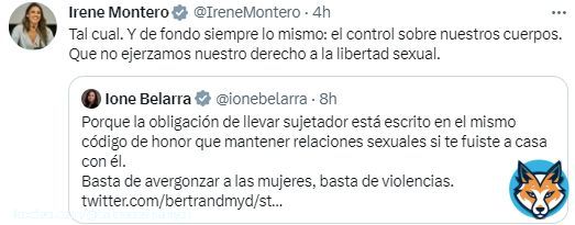 Aqu&iacute; ten&eacute;is a dos #feminazis como @ionebelarra e @IreneMontero intentando convencernos que hay una maligna Ley Org&aacute;nica que mete siete a&ntilde;os de c&aacute;rcel a las mujeres por no llevar sujetador.  No como la magn&iacute;fica ley del 'S&iacute; es S&iacute;', que solo ha bajado las penas a 400 violadores.