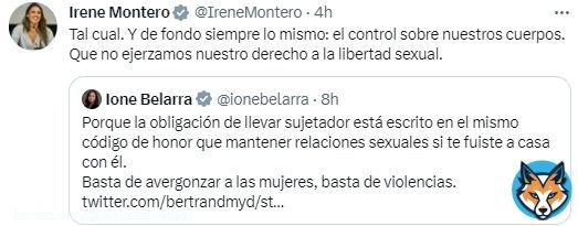 Aqu&iacute; ten&eacute;is a dos #feminazis como @ionebelarra e @IreneMontero intentando convencernos que hay una maligna Ley Org&aacute;nica que mete siete a&ntilde;os de c&aacute;rcel a las mujeres por no llevar sujetador.  No como la magn&iacute;fica ley del 'S&iacute; es S&iacute;', que solo ha bajado las penas a 400 violadores.