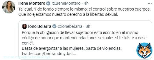 Aqu&iacute; ten&eacute;is a dos #feminazis como @ionebelarra e @IreneMontero intentando convencernos que hay una maligna Ley Org&aacute;nica que mete siete a&ntilde;os de c&aacute;rcel a las mujeres por no llevar sujetador.  No como la magn&iacute;fica ley del 'S&iacute; es S&iacute;', que solo ha bajado las penas a 400 violadores.