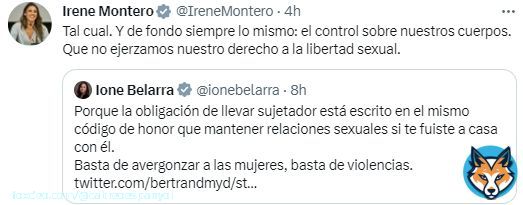 Aqu&iacute; ten&eacute;is a dos #feminazis como @ionebelarra e @IreneMontero intentando convencernos que hay una maligna Ley Org&aacute;nica que mete siete a&ntilde;os de c&aacute;rcel a las mujeres por no llevar sujetador.  No como la magn&iacute;fica ley del 'S&iacute; es S&iacute;', que solo ha bajado las penas a 400 violadores.
