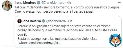 Aqu&iacute; ten&eacute;is a dos #feminazis como @ionebelarra e @IreneMontero intentando convencernos que hay una maligna Ley Org&aacute;nica que mete siete a&ntilde;os de c&aacute;rcel a las mujeres por no llevar sujetador.  No como la magn&iacute;fica ley del 'S&iacute; es S&iacute;', que solo ha bajado las penas a 400 violadores.