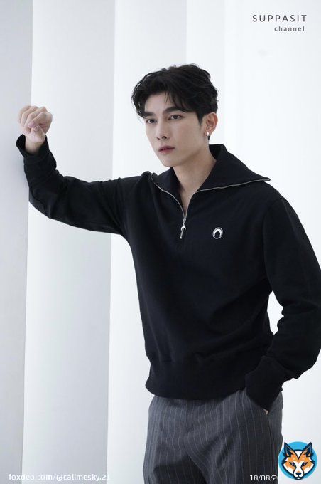 Mew Suppasit wears sweater from:  Marine Serre Black Eco-Futurist Printed Half-Zip Sweater  MEW YEVOLUTION 2023  @MSuppasit #YEvolutionxMew