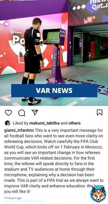 According to the FIFA President, there will be changes on how referees communicate VAR decisions. Refs will speak directly to fans in the stadium like they do in NBA. They'll pilot the project at the FIFA Club WC in Morocco.  Will this improve the quuality of refereeing? #RadullKE