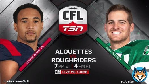 Reminder: @MTLAlouettes and @sskroughriders coming up on @CFLonTSN at 7:00 ET!  #LiveMic | #CFLGameday