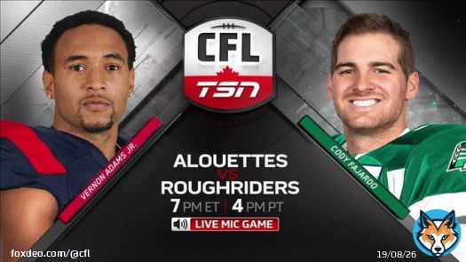 Reminder: @MTLAlouettes and @sskroughriders coming up on @CFLonTSN at 7:00 ET!  #LiveMic | #CFLGameday