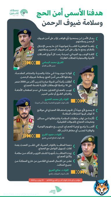 'هدفنا الأسمى أمن #الحج وسلامة ضيوف الرحمن'؛ مقتطفات من المؤتمر الصحفي لقيادات قوات أمن الحج 1444هـ. #بسلام_آمنين