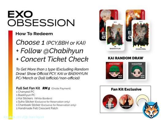 FS + Fan kit Redemption Details, Limited Reservation slots, DM to Reserve Fan kit. #EXplOrationinMY #EXplOrationinKL #EXplOrationinMalaysia #Chabihyun_updates #obsession  #weareoneexo #EXOonearewe  #EXO #엑소 #ObsessedWithBAEKHYUN #EXODEUX  #ObsessedWithKAI #ObsessedwithCHANYEOL