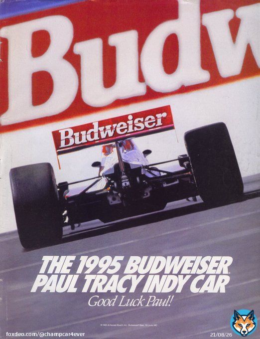 A 1995 Budweiser ad accompanied by my picture of Paul Tracy in the #3 Newman-Haas Lola T95/00 Ford XB engined Indy Car at the Corkscrew. He would finish 6th in the driver standings with 2 wins at Surfers Paradise and Milwaukee that season.