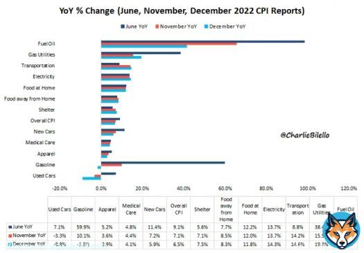 US CPI has moved down from a peak of 9.1% last June to 6.5% in December.  What's driving that decline? Lower rates of inflation in New/Used Cars, Gasoline, Apparel, Medical Care, Food at Home, Gas Utilities, and Fuel Oil.