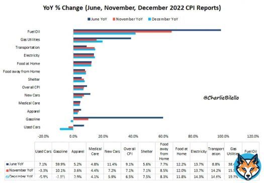 US CPI has moved down from a peak of 9.1% last June to 6.5% in December.  What's driving that decline? Lower rates of inflation in New/Used Cars, Gasoline, Apparel, Medical Care, Food at Home, Gas Utilities, and Fuel Oil.