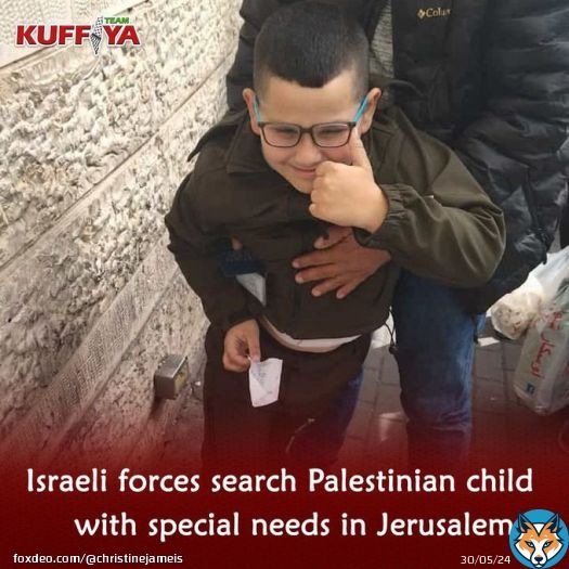 Israeli occupation forces searched a Palestinian child with special needs in Shufat refugee camp in occupied Jerusalem. #IsraeliApartheid