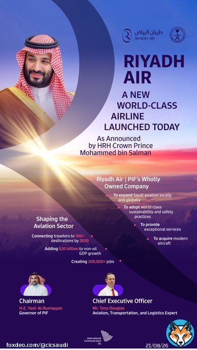 Aiming to become a transport hub and boost tourism, #SaudiArabia has officially launched #RiyadhAir, @PIF_en&rsquo;s newest national airline, connecting Riyadh to 100+ world destinations.