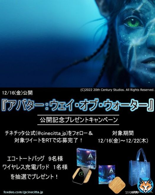 『#アバター：ウェイ・オブ・ウォーター』 公開記念ツイッターキャンペーン\u2460  チネチッタ公式(@cinecitta_jp)をフォロー＆このツイートをRTで応募完了！非売品グッズを抽選でプレゼント！  対象期間：12/16-22  #アバターWOW   ※当選者のみDMでご連絡します ※賞品はお選びいただけません