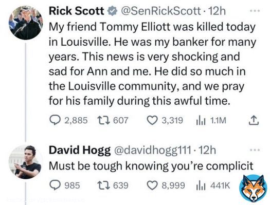 David Hogg says Rick Scott is 'complicit' for his friends death during the mass shooting in Louisville yesterday.