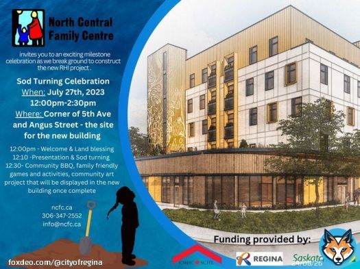 Join our housing partner North Central Family Centre on July 27 at noon as we celebrate the groundbreaking of this new, 30-unit affordable housing project. The event includes a community BBQ, family-friendly games and a community art project! #yqr #housingforall
