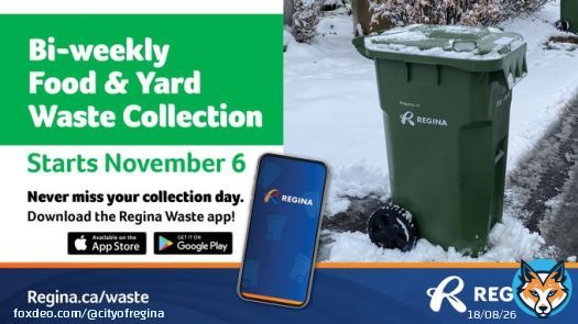 On Nov 6, the City is moving to bi-weekly green cart collection for the winter months. Your green cart collection day remains the same but will be every other week until April. Download the Regina Waste app or check your waste collection schedule  at