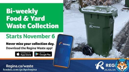 On Nov 6, the City is moving to bi-weekly green cart collection for the winter months. Your green cart collection day remains the same but will be every other week until April. Download the Regina Waste app or check your waste collection schedule  at
