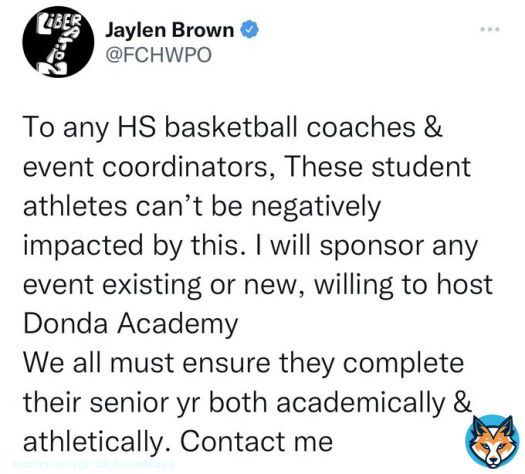 Jaylen Brown feels it&rsquo;s unfair for Donda Academy student-athletes to suffer consequences for circumstances out of their control.  Brown has offered to sponsor any event willing to take on the Academy still   (via @FCHWPO)