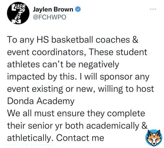 Jaylen Brown feels it&rsquo;s unfair for Donda Academy student-athletes to suffer consequences for circumstances out of their control.  Brown has offered to sponsor any event willing to take on the Academy still   (via @FCHWPO)