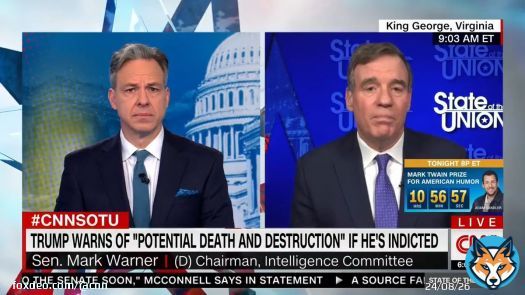 'It would be one further stain on his already checkered reputation.'  Sen. Mark Warner (D-VA) tells @jaketapper that he has been briefed by the FBI on former President Donald Trump's recent rhetoric surrounding his potential indictment. @CNNSotu #CNNCNNSOTU
