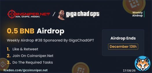 This week's airdrop is again sponsored by @GigaChadGPT_io !       We're giving away 0.5 BNB!  To enter:      Follow, Like & Retweet this tweet     Go to  to join      Good luck! #airdrop #giveaway #coinsniper #BSC #AirdropCrypto #GiveawayAlert #B#BNB