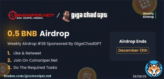 This week's airdrop is again sponsored by @GigaChadGPT_io !       We're giving away 0.5 BNB!  To enter:      Follow, Like & Retweet this tweet     Go to  to join      Good luck! #airdrop #giveaway #coinsniper #BSC #AirdropCrypto #GiveawayAlert #B#BNB