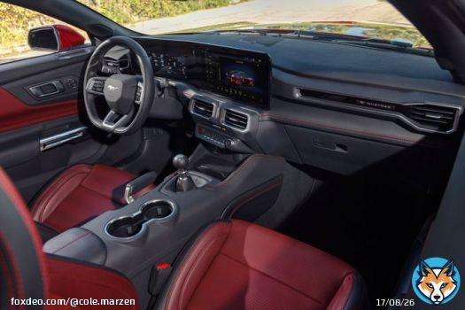 The 2024 Ford Mustang makes its world premiere with an evolutionary design, a 12.4-in. digital instrument cluster, a large 13.2-in. center touchscreen display, an available six-speed manual gearbox, as well as two powertrains to select from, including a 460 hp 5.0L N/A V8 engine.