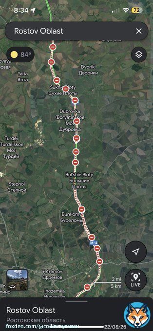 Holy moly. Live google maps&rsquo; results from the main thoroughfare between Moscow and Rostov Oblast. (Ростовская область).   These live google mapping results are individuals reporting closed access to roads, likely due to #WagnerGroup military movements towards Moscow. You can&hellip;&nbsp;Show more