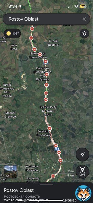 Holy moly. Live google maps&rsquo; results from the main thoroughfare between Moscow and Rostov Oblast. (Ростовская область).   These live google mapping results are individuals reporting closed access to roads, likely due to #WagnerGroup military movements towards Moscow. You can&hellip;&nbsp;Show more