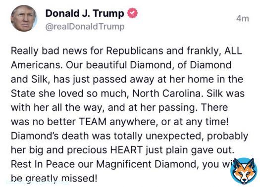 Awful. Trump reveals Diamond from Diamond and Silk has passed away. Rest in peace