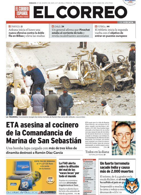 #TalDiaComoHoy de 2001 #ETA asesin&oacute; en #SanSebasti&aacute;n con bomba lapa a Ram&oacute;n D&iacute;az, no hay peor forma de morir, era cocinero de la Comandancia de Marina. No lo mataron por ser cocinero lo mataron por trabajar para la Comandancia.  #Memoriareciente   HILO