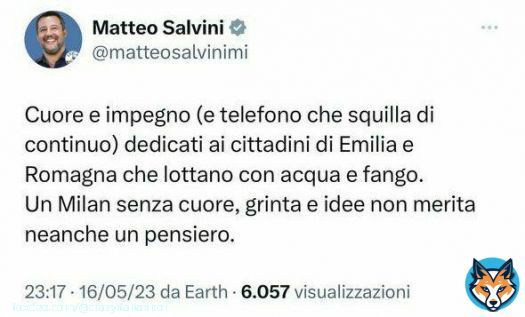 Infrastructure Minister Matteo Salvini, in the same tweet (immediately deleted) says that he is committed to the flooded families of Emilia Romagna and that, on the contrary, AC Milan, who just lost the Champions League against FC Inter, deserves no thought  #InterMilan
