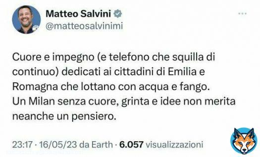 Infrastructure Minister Matteo Salvini, in the same tweet (immediately deleted) says that he is committed to the flooded families of Emilia Romagna and that, on the contrary, AC Milan, who just lost the Champions League against FC Inter, deserves no thought  #InterMilan