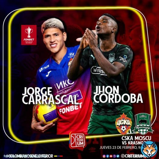 [] #ColombianosEnElExterior @CriteriumDep- &iexcl;???????????????? ???????? ????????????????????! ~JORGE CARRASCAL (TITULAR) @pfc_cska  JHON C&Oacute;RDOBA (TITULAR) @FCKrasnodar 9:30 AM    1/4 финала-МатчТВ #Cska #Krasnodar   Стадион &laquo;ВЭБ Аренар  FONBET Кубок России