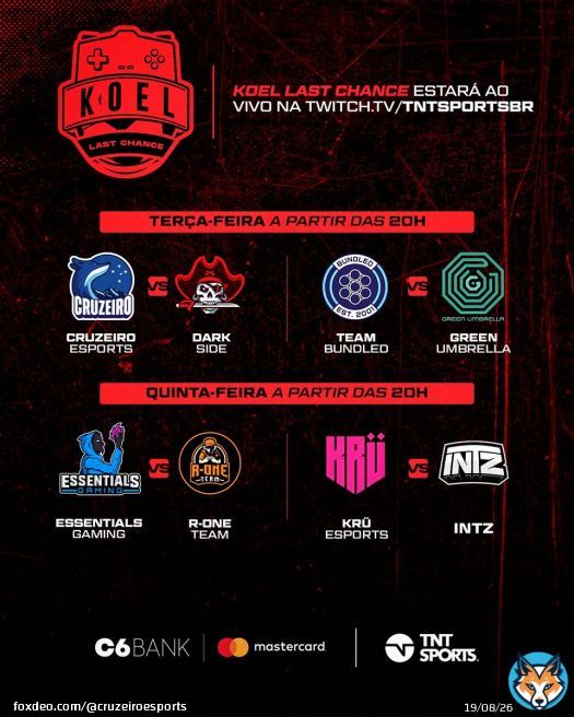 Bom dia, Nação! Hoje tem @CRZ_Toniotti e @CRZ_Miguelles em campo! Esperamos vocês na @TNTSportsBR às 20h! #GoCRZ QuoteKickOff Electronic League@koeloficial·May 17, 2022Bom dia galera! Hoje começa mais uma semana de KOEL Last Chance! Se liga na nossa agenda de jogos e não perca nenhum lance! Transmissão a partir das 20h em  #KOELFAZDIFERENTE