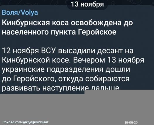 Есть такой ТГ канал Воля.Если я не ошибаюсь,он вообще опозиционный российский. Этот канал первым вкинул новость,что Кинбурнская коса занята ВСУ и понеслось,все начали эту новость растаскивать . А Воля обычно пруфами не балует.