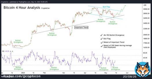 On smaller time frames (4hr), we're starting to see many positive reversal signals for #Bitcoin:  - RSI Bullish Divergence  - Bottom of Bull Flag  - Tested Important Trend  - Test of 200 Week Moving Average (Not Shown)  Waiting for the golden 25k priice mark could be in vain...