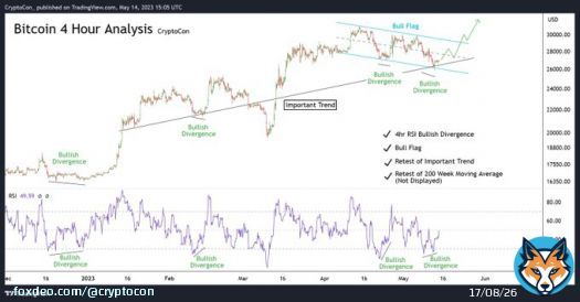 On smaller time frames (4hr), we're starting to see many positive reversal signals for #Bitcoin:  - RSI Bullish Divergence  - Bottom of Bull Flag  - Tested Important Trend  - Test of 200 Week Moving Average (Not Shown)  Waiting for the golden 25k priice mark could be in vain...