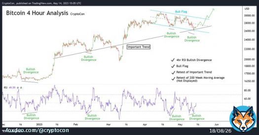 On smaller time frames (4hr), we're starting to see many positive reversal signals for #Bitcoin:  - RSI Bullish Divergence  - Bottom of Bull Flag  - Tested Important Trend  - Test of 200 Week Moving Average (Not Shown)  Waiting for the golden 25k priice mark could be in vain...
