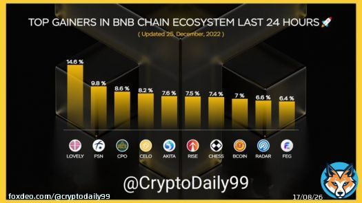 Top Gainers in #BNBChain Ecosystem Last 24 Hours   $LOVELY @Lovely_finance  $FSN @FUSIONProtocol  $CPO @cryptopolisgame $CELO @CeloOrg $AKITA @AKITA_network $RISE @everrise $CHESS @tranchess $BCOIN @BombCryptoGame $RADAR @dappradar $FEG @FEGtoken  #BNB #BSC #Web3