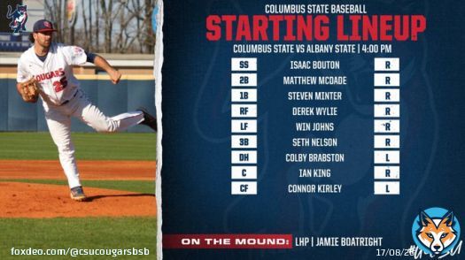 Starting Lineup @BoatrightJamie on the mound for your Cougars #GoCSU #bigboat #bigbad