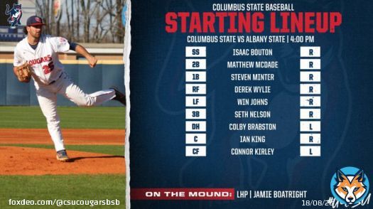 Starting Lineup @BoatrightJamie on the mound for your Cougars #GoCSU #bigboat #bigbad