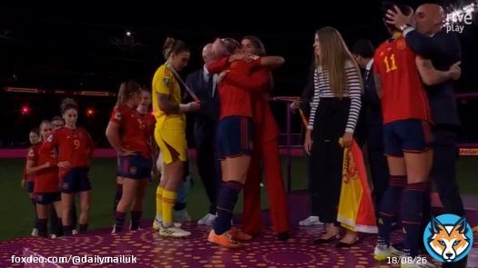 Moment president of Spanish FA kisses player on the MOUTH during trophy presentation after Spain's 1-0 win against England in World Cup final