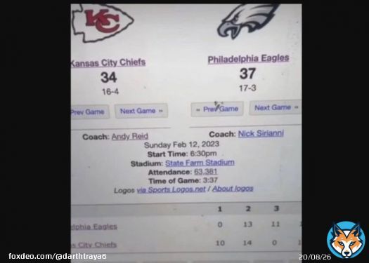 Apparently the elites supposedly rigged the super bowl for the Kansas Chiefs after a hacker released the NFL's 'prescripted outcome' a day or two ago that would have shown the Eagles would have won tonight's game.   The left is the photo from the hachacker  h/t to @TheGameDayNFL