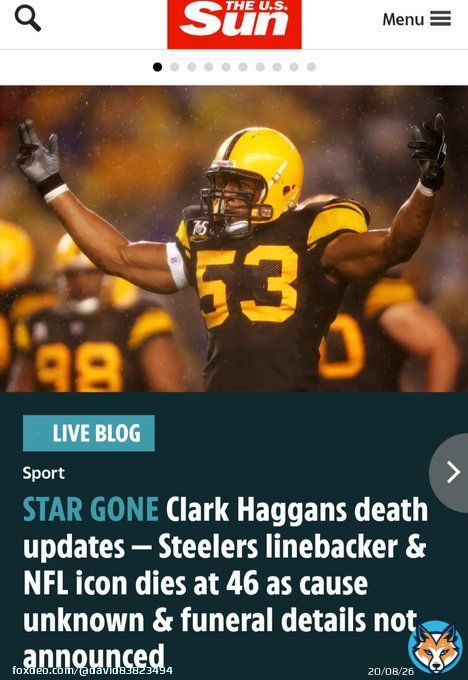 Sudden Death - Clark Haggans Former Steelers Linebacker   Died suddenly at the age of 46.